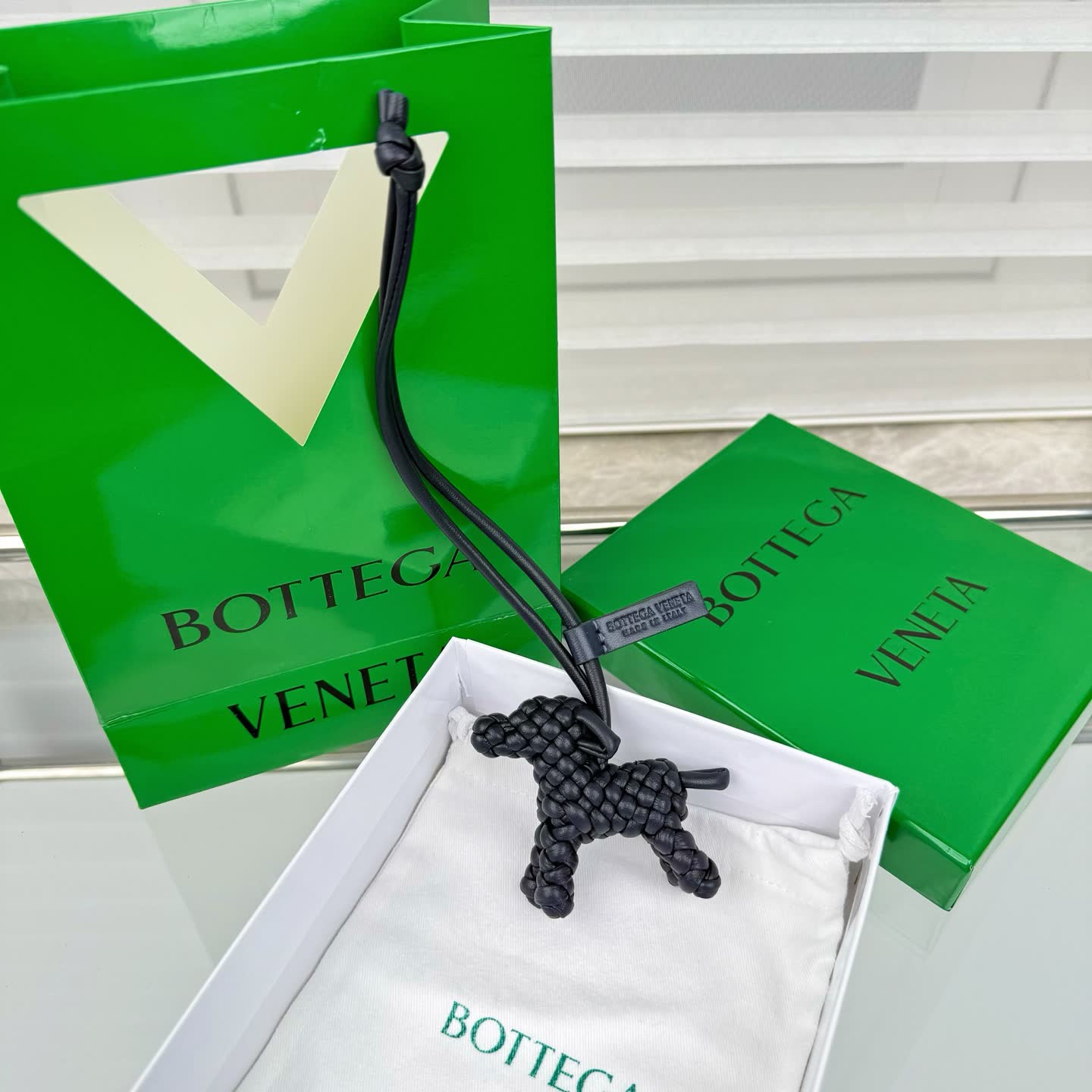 Bottega Veneta Black Intrecciato Leather Dog Charm
